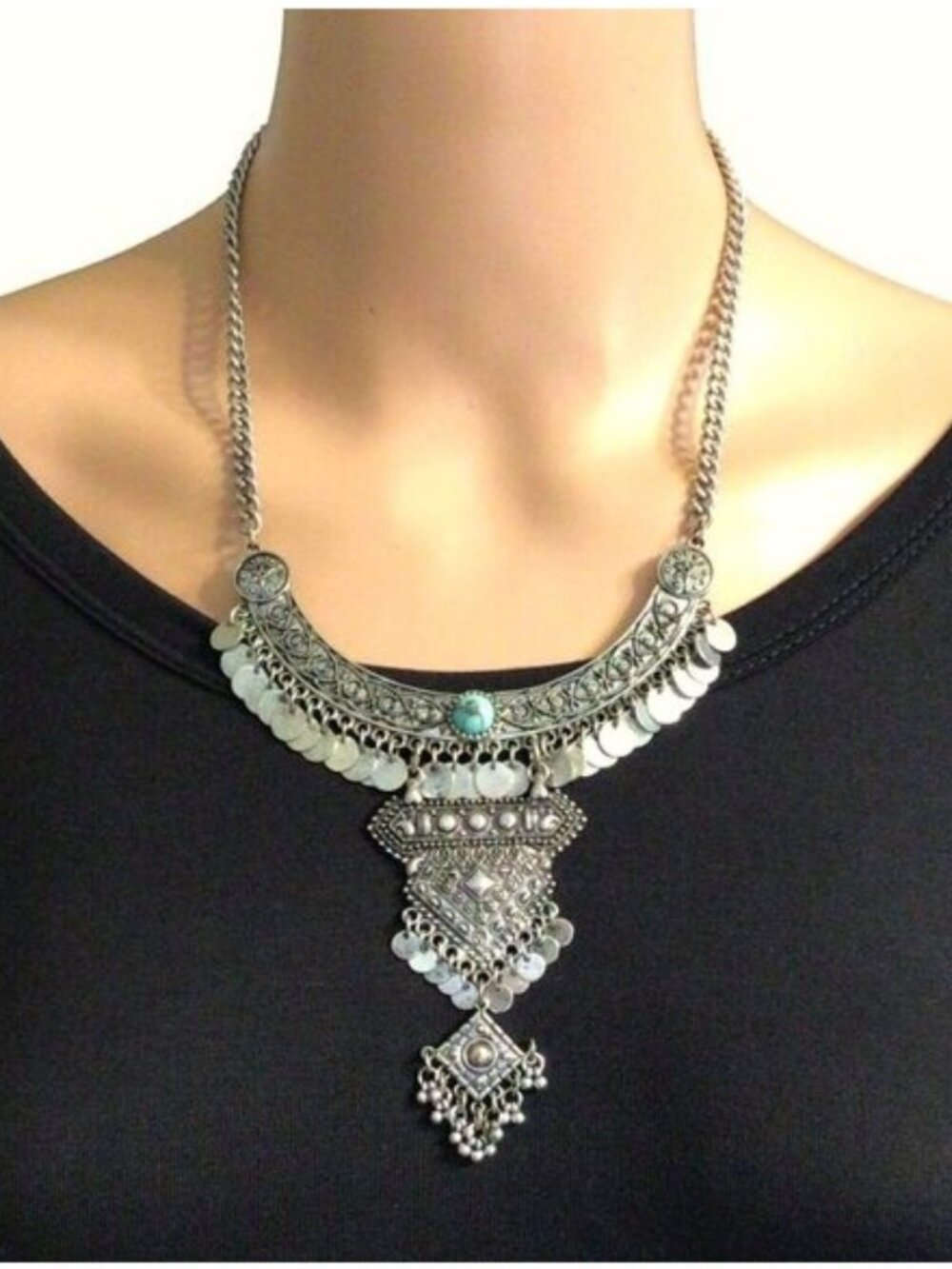Max and Zoe Necklace Statement Bib Fringe Turqoise Silver Tone Boho Womens